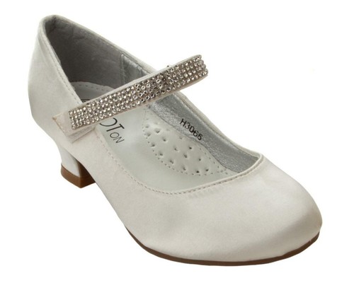 Girls white satin diamante - white,